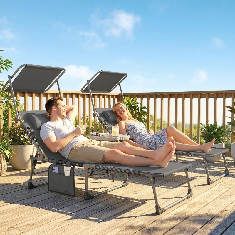 2er Set Sonnenliegen mit Kopfstütze, Sonnendach, Seitentasche und 5-fach verstellbarer Rückenlehne | Grau