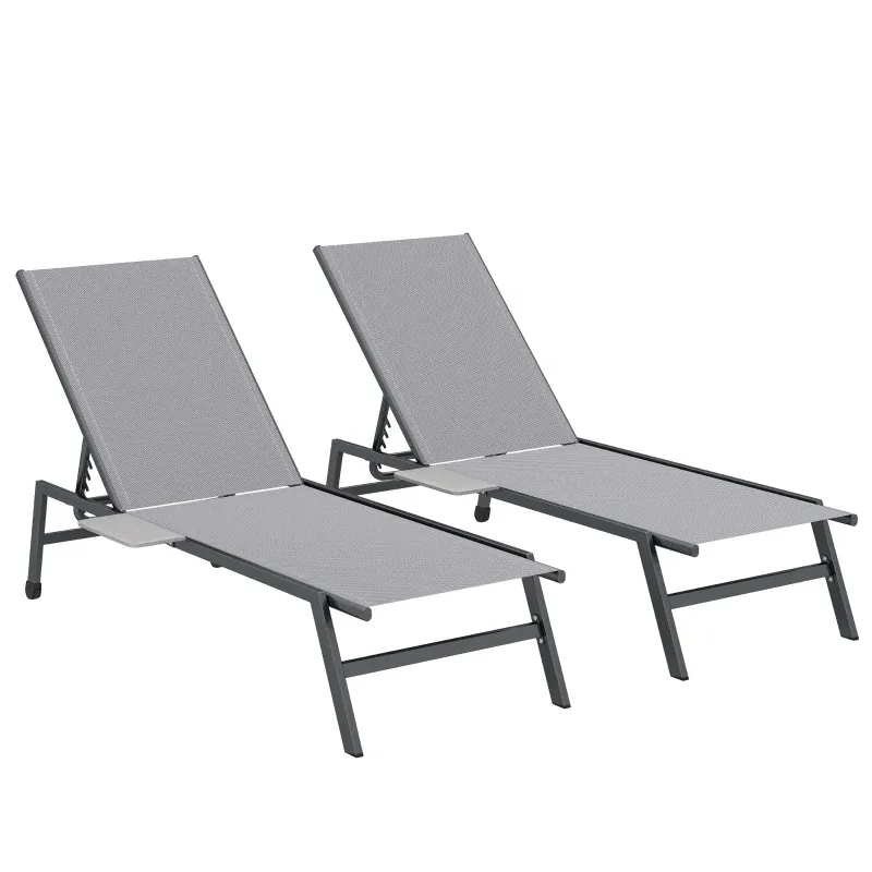 2er Set Sonnenliegen mit Seitentisch und 2 Rollen | Grau