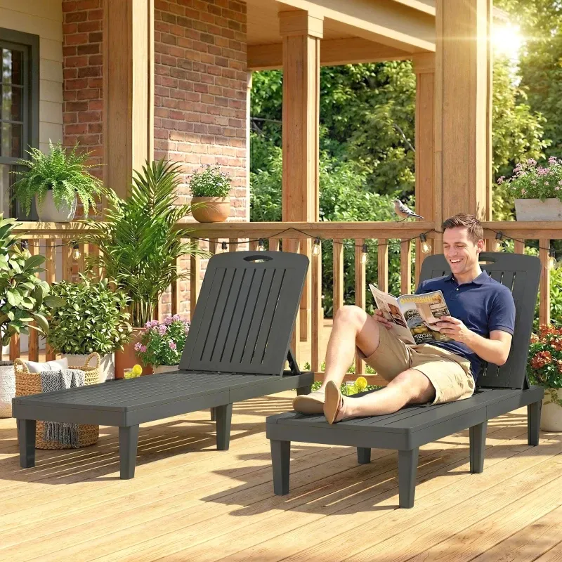 2er-Set Gartenliegen aus PP-Kunststoff mit Seitentisch, 5-fach verstellbar | grau