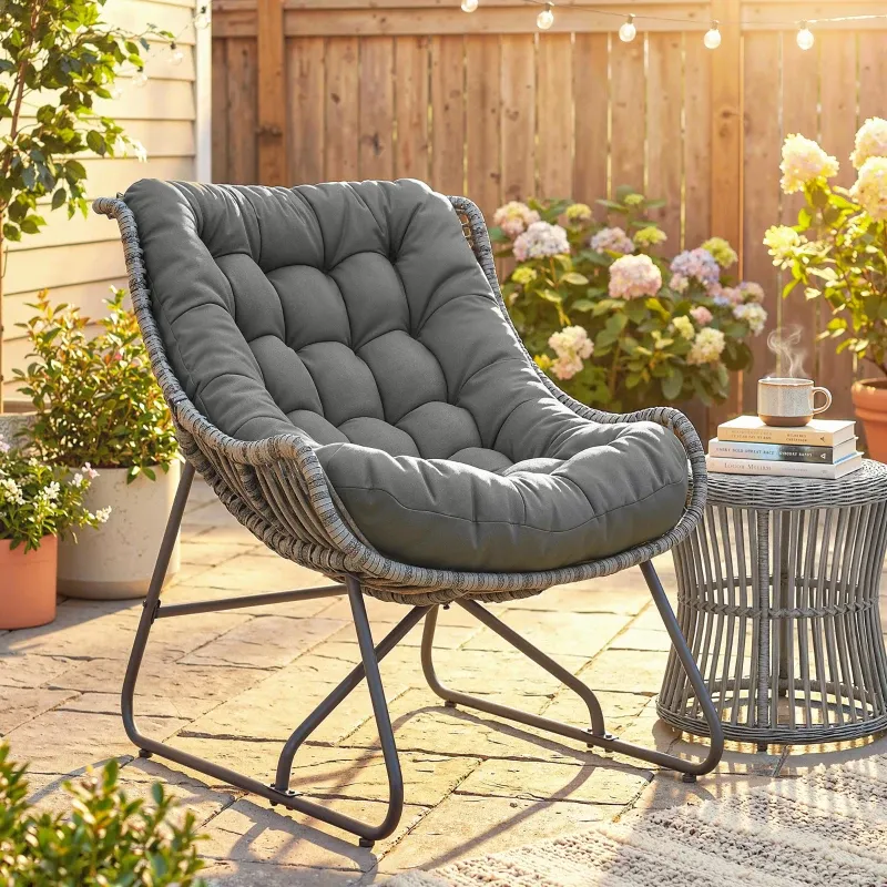 Rattansessel mit Kissen Bänder, gepolsterter Outdoor Sessel aus Polyrattan, Korbsessel bis 120kg