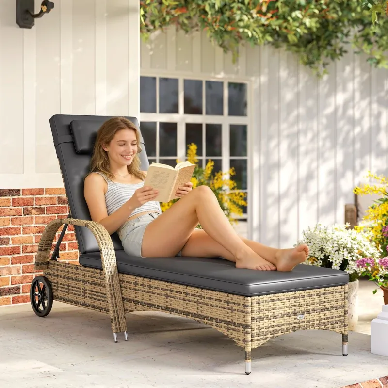 Rattan-Sonnenliege Liegestuhl Matratze mehrfach verstellbar Armlehnen Rollen 200 x 73 x 30-103 cm