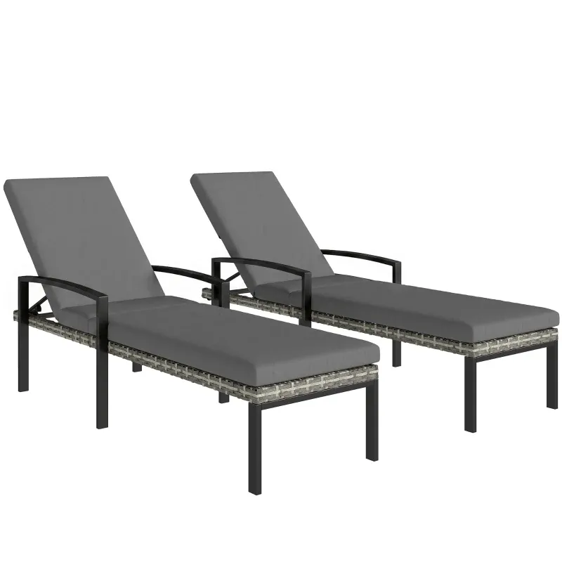 2er Set Sonnenliege Polyrattan mit 5-Fach verstellbar Rückenlehne | Hellgrau