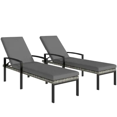 2er Set Sonnenliege Polyrattan mit 5-Fach verstellbar Rückenlehne | Hellgrau