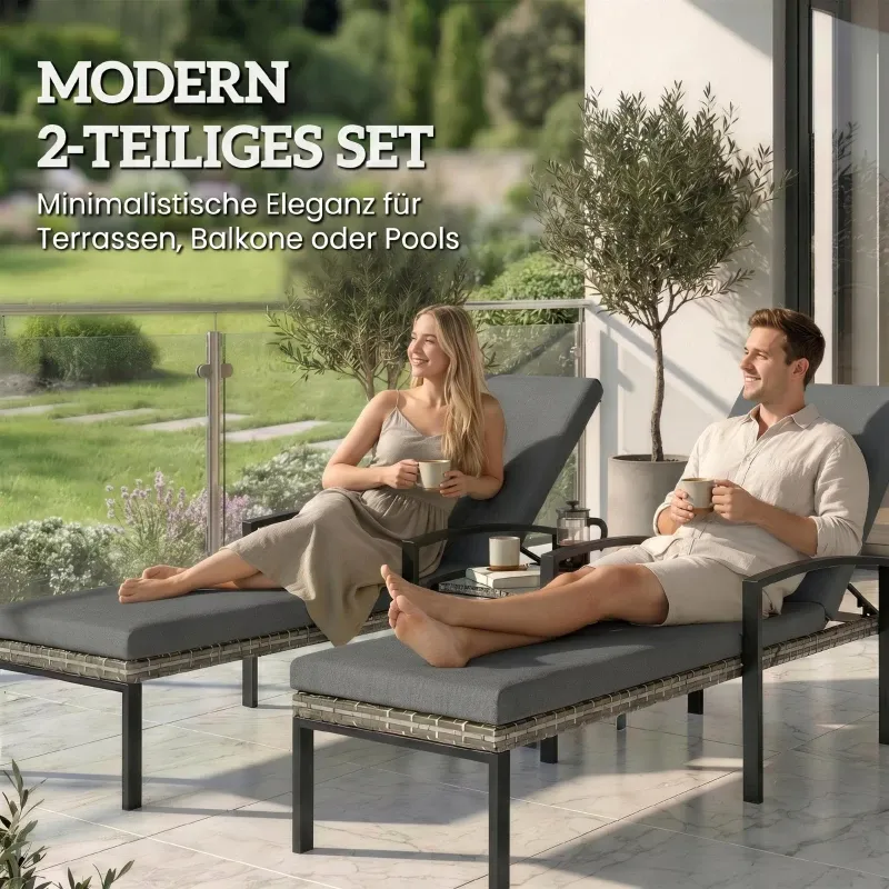 2er Set Sonnenliege Polyrattan mit 5-Fach verstellbar Rückenlehne | Hellgrau