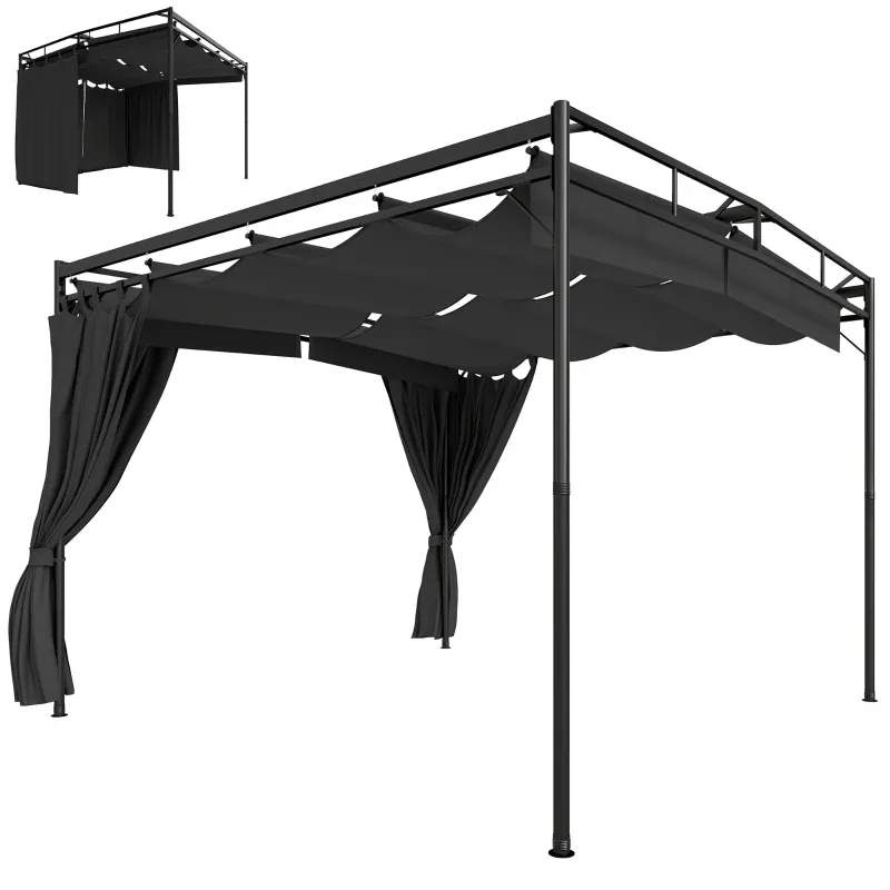 Pergola Pavillon 3x3m, Sonnenschutz mit verstellbarem Schiebedach Vorhängen, freistehend