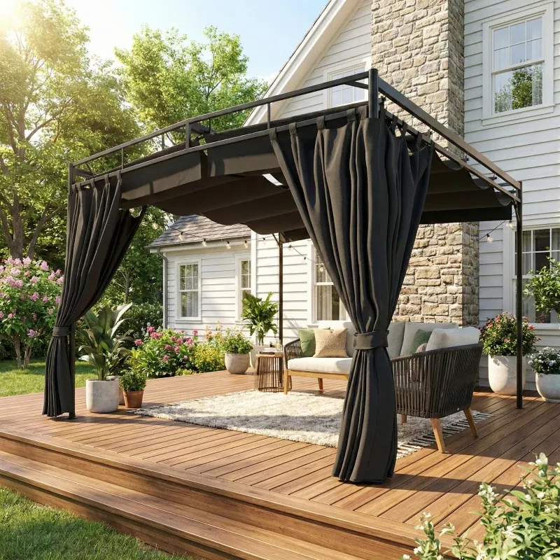 Pergola Pavillon 3x3m, Sonnenschutz mit verstellbarem Schiebedach Vorhängen, freistehend