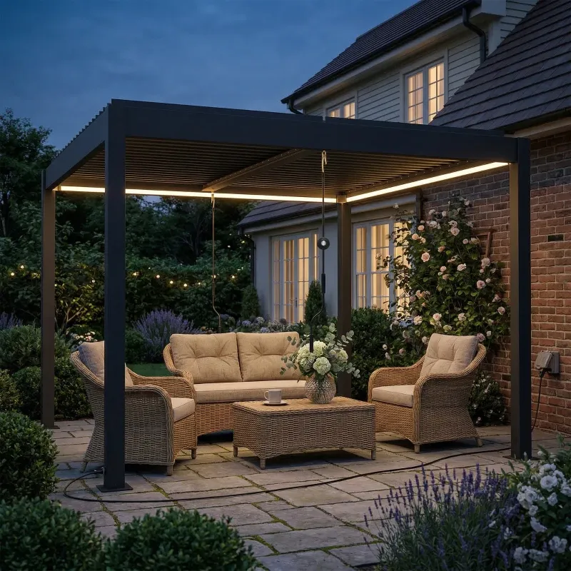 Luxus-Pergola 3x3 m Aluminium Terrassenüberdachung mit LED-Beleuchtung Fernbedienung verstellbar Lamellendach