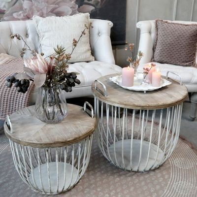 2er Set Sofatisch mit Holzdeckel Set H48/D57 cm | antique weiss