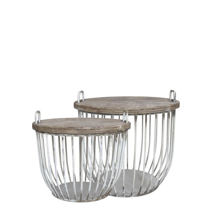 2er Set Sofatisch mit Holzdeckel Set H48/D57 cm | antique weiss