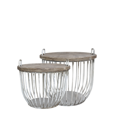 2er Set Sofatisch mit Holzdeckel Set H48/D57 cm | antique weiss