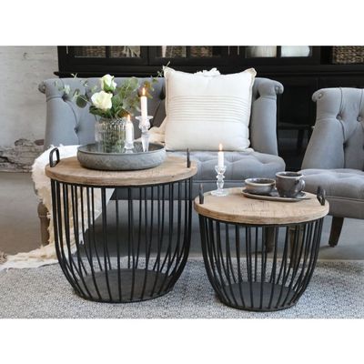 2er Set Sofatisch mit Holzdeckeln H48/D57 cm | antique schwarz