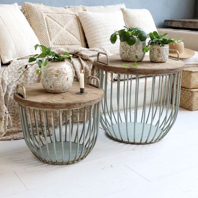 2er Set Sofatisch m. Holzdeckeln H48/D57 cm | opal