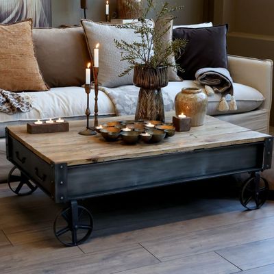 Loungetisch auf Rädern mit Schublade H22/L122/B81 cm | antique schwarz &amp; natur