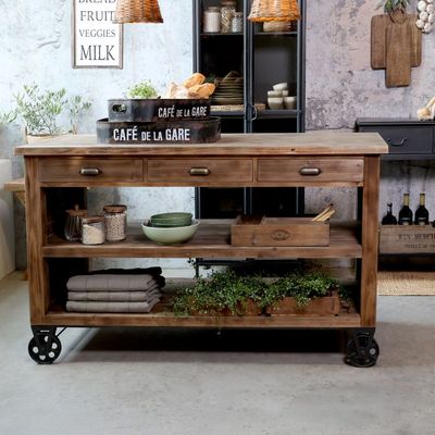 Kücheninsel auf Rädern / Servierwagen H90/L150/B70 cm | natur
