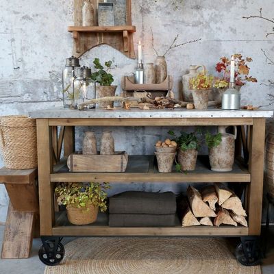 Kücheninsel auf Rädern / Servierwagen mit Zinktop und Regalen H90/L120/B59,5 cm | natur