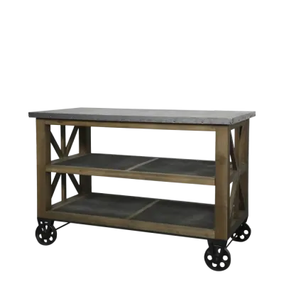 Kücheninsel auf Rädern / Servierwagen mit Zinktop und Regalen H90/L120/B59,5 cm | natur