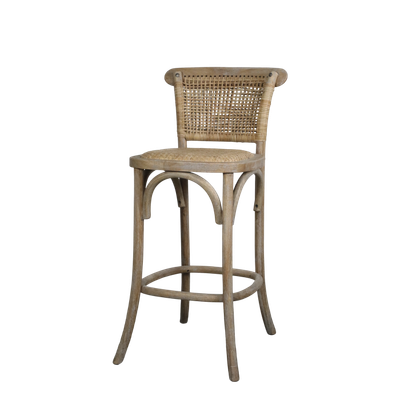 Französischer Rattan Barstuhl / Barhocker mit geflochtenem Sitz und Lehne H92/L40/B45 cm | natur