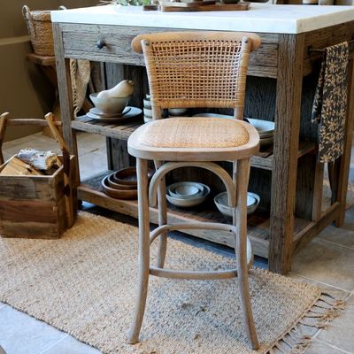 Französischer Rattan Barstuhl / Barhocker mit geflochtenem Sitz und Lehne H92/L40/B45 cm | natur