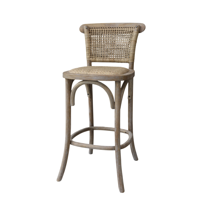 Französischer Rattan Barstuhl / Barhocker mit geflochtenem Sitz und Lehne Französischer Rattan Barstuhl / Barhocker mit geflochtenem Sitz und Lehne