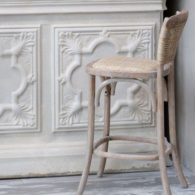 Französischer Rattan Barstuhl / Barhocker mit geflochtenem Sitz und Lehne