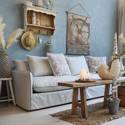 Malo Sofa aus Leinen mit 5 Kissen H75/L220/B95 cm | sky blue und creme