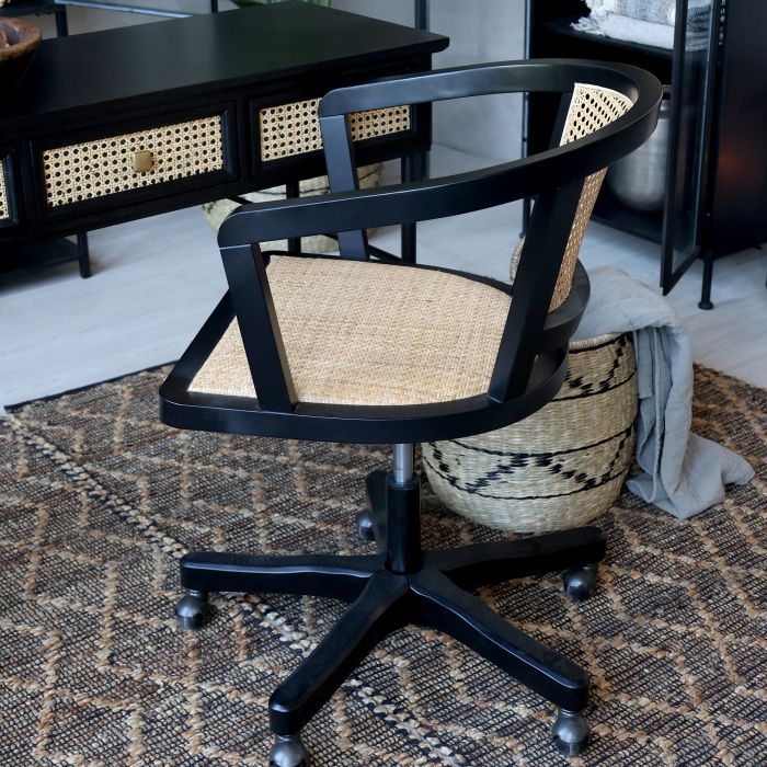 Französischer Bürostuhl mit Rattansitzfläche &amp; -Lehne H80/L60/B60 cm | antique schwarz