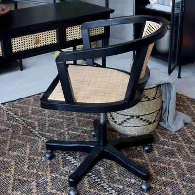 Französischer Bürostuhl mit Rattansitzfläche & -Lehne H80/L60/B60 cm | antique schwarz