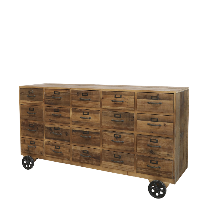 Kommode, Sideboard, Apothekerschrank, Ladentisch auf Rädern mit 20 Schubladen H75/L156/B38,5 cm | natur