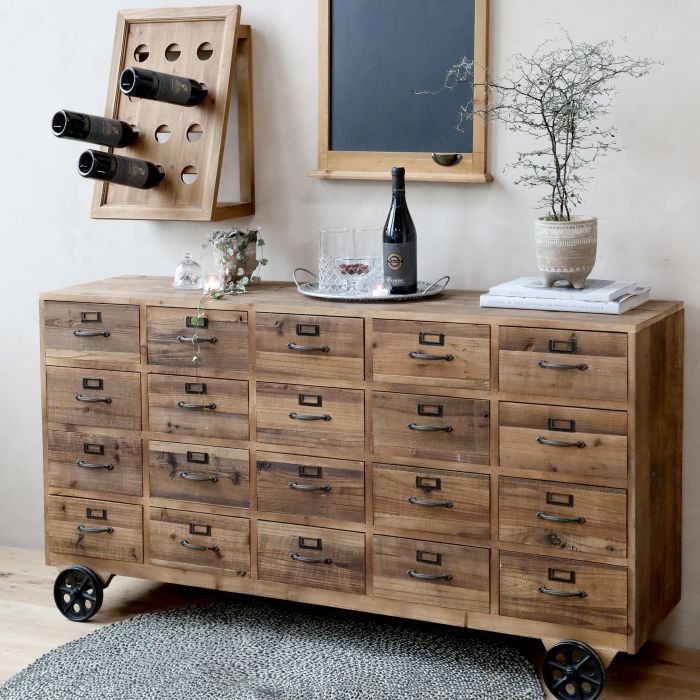 Kommode, Sideboard, Apothekerschrank, Ladentisch auf Rädern mit 20 Schubladen H75/L156/B38,5 cm | natur