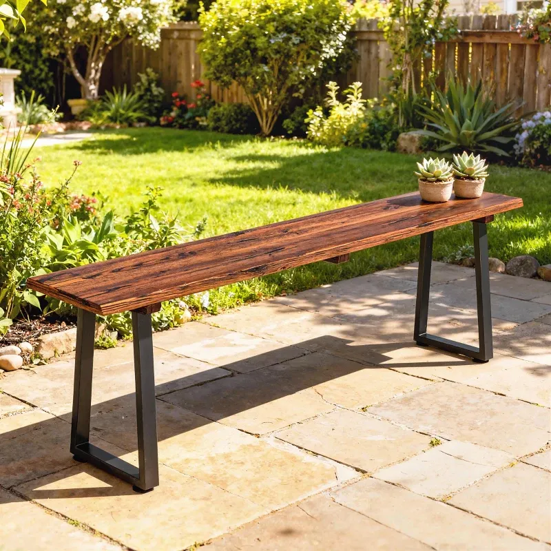 Gartenbank aus Fichtenholz ohne Rückenlehne, trapezförmige Stahlfüsse, 2-Sitzer 150x28x48 cm