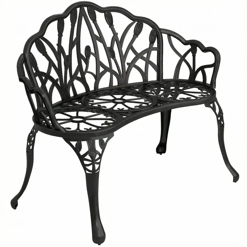 Gartenbank 2-Sitzer Gussaluminium mit Tulpen-Rückenlehne Blumenmotiv 99 x 57 x 78 cm | schwarz