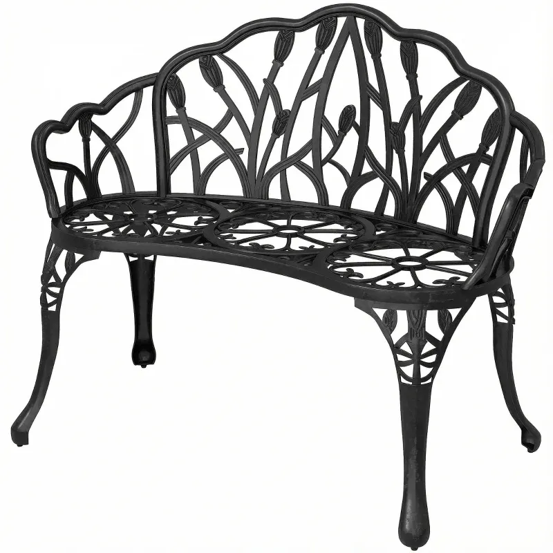Gartenbank 2-Sitzer Gussaluminium mit Tulpen-Rückenlehne Blumenmotiv 99 x 57 x 78 cm | schwarz
