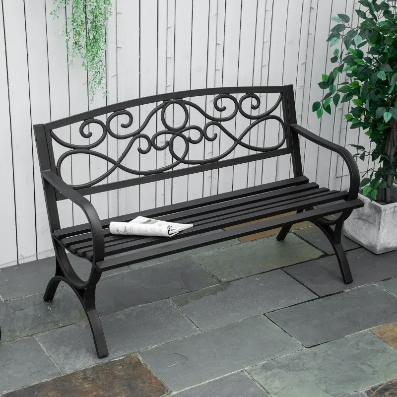 Gartenbank 2-Sitzer im Freien Terrasse Patio mit geneigter Rückenlehne, Gusseisen 128 x 58,5 x 85 cm | schwarz
