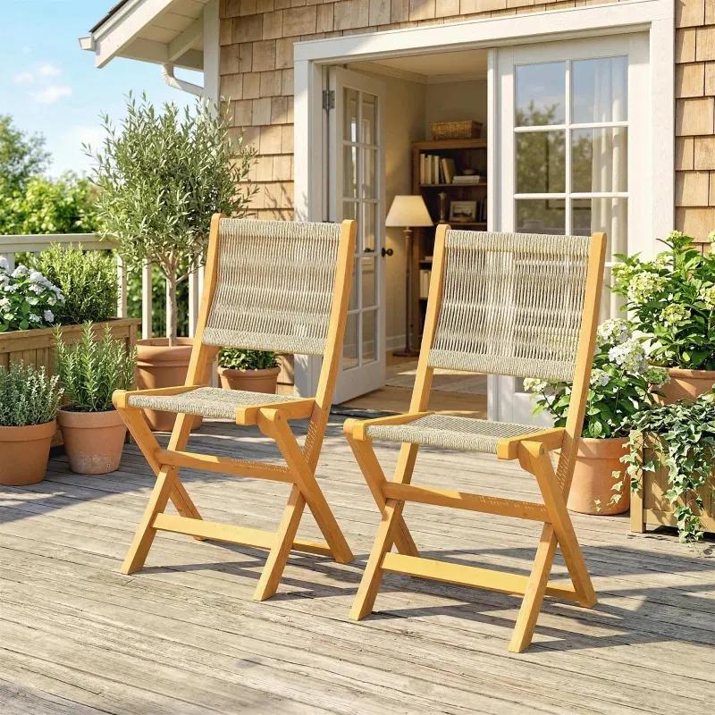 2er-Set Klappstühle Akazienholz geflochten | Natur+Beige