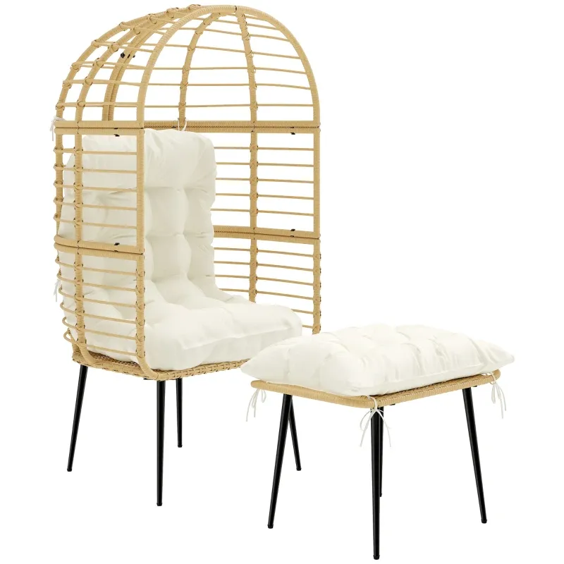 Korbstuhl in Rattanoptik, weiche Sitzkissen, Aluminiumrahmen, khaki+beige