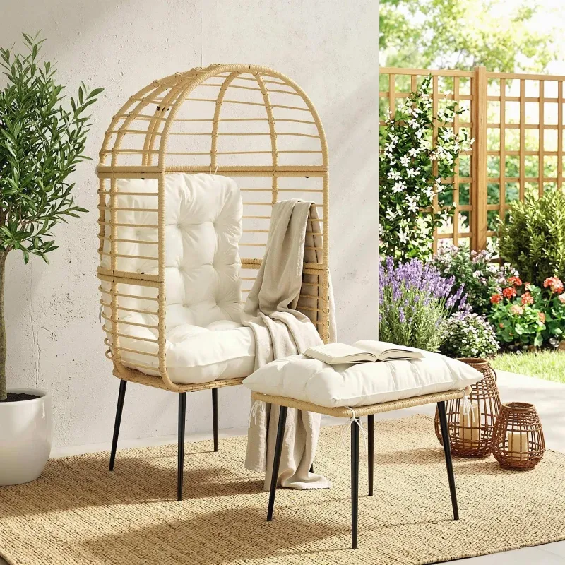 Korbstuhl in Rattanoptik, weiche Sitzkissen, Aluminiumrahmen, khaki+beige