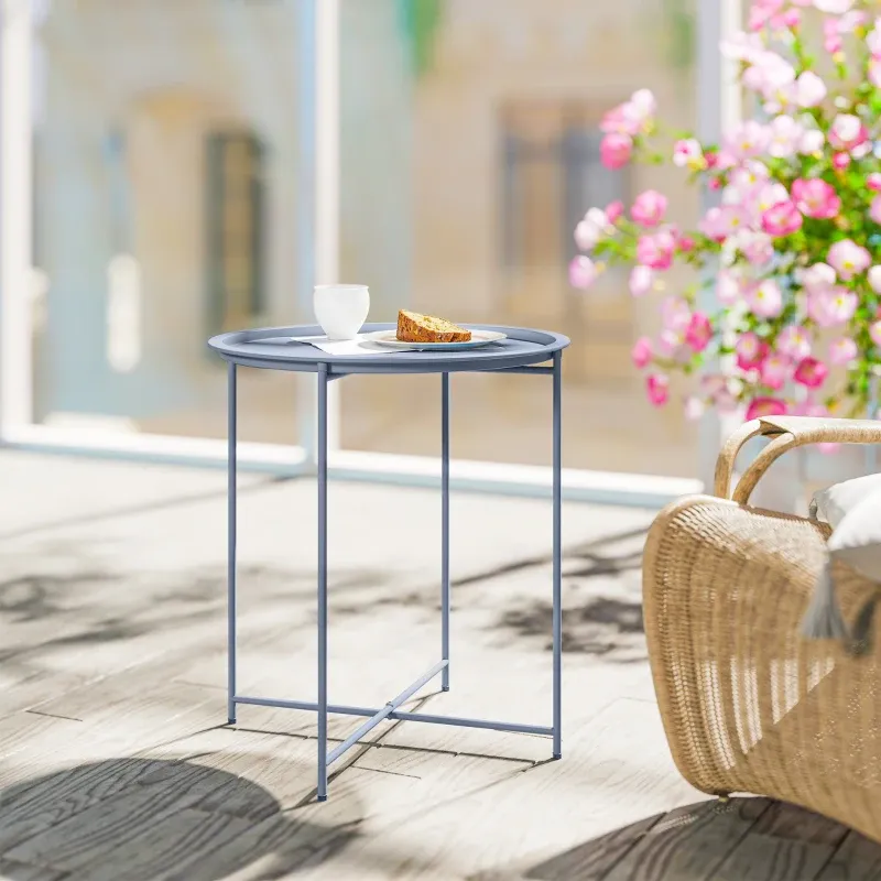 Runder Couchtisch Beistelltisch mit Tablett Stahl | Blaugrau