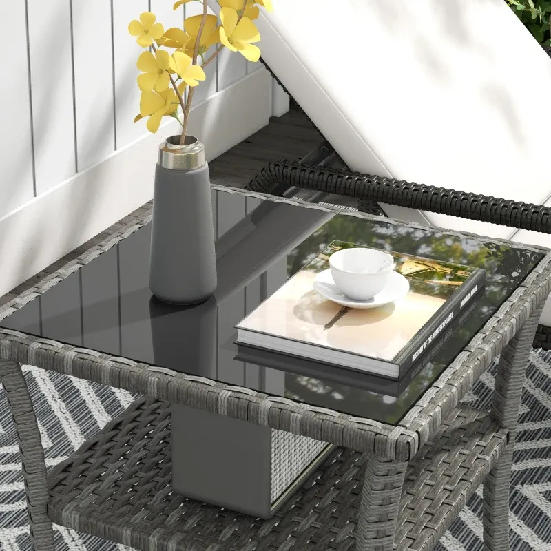 Rattan-Gartentisch / Glastisch quadratisch 50x50x45cm | Grau