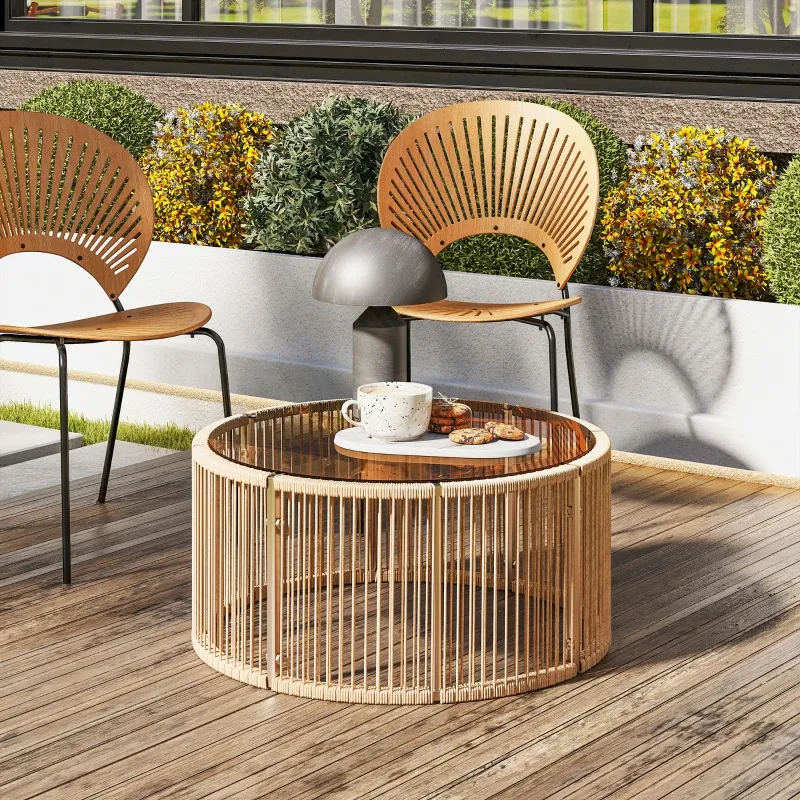 Beistelltisch Polyrattan Kaffeetisch Glasplatte 70x70x33 cm | Braun