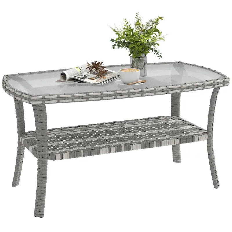 Gartentisch Rattan Ablage Glasplatte 90x50x45 cm | Dunkelgrau Gartentisch Rattan Ablage Glasplatte 90x50x45 cm | Dunkelgrau