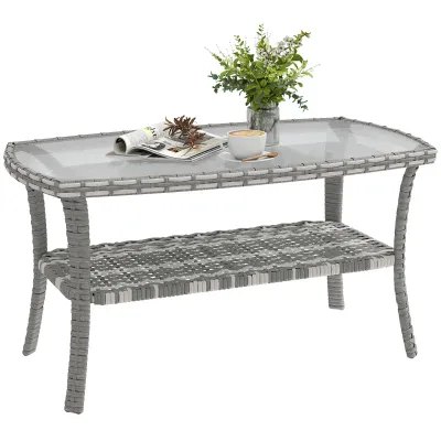Gartentisch Rattan Ablage Glasplatte 90x50x45 cm | Dunkelgrau Gartentisch Rattan Ablage Glasplatte 90x50x45 cm | Dunkelgrau