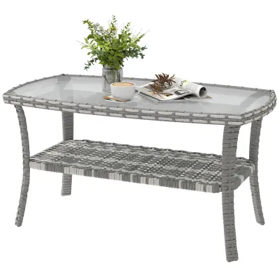 Gartentisch Rattan Ablage Glasplatte 90x50x45 cm | Dunkelgrau
