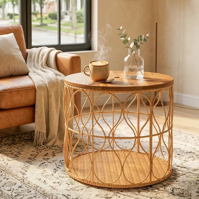 Rattan-Beistelltisch Gartentisch Akazienholz Ø50 cm | Teak