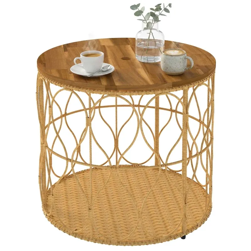 Rattan-Beistelltisch Gartentisch Akazienholz Ø50 cm | Teak Rattan-Beistelltisch Gartentisch Akazienholz Ø50 cm | Teak