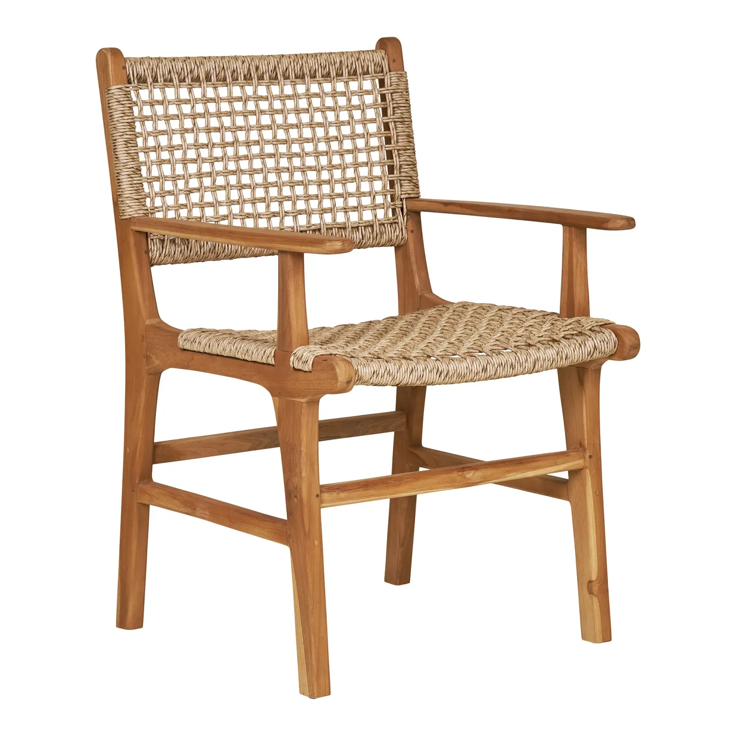 ​Derby Esszimmerstuhl, 2er Set, Armlehne, Teakholz/PE-Rattan, natur. Komfortabel für Schweizer Aussenbereiche.