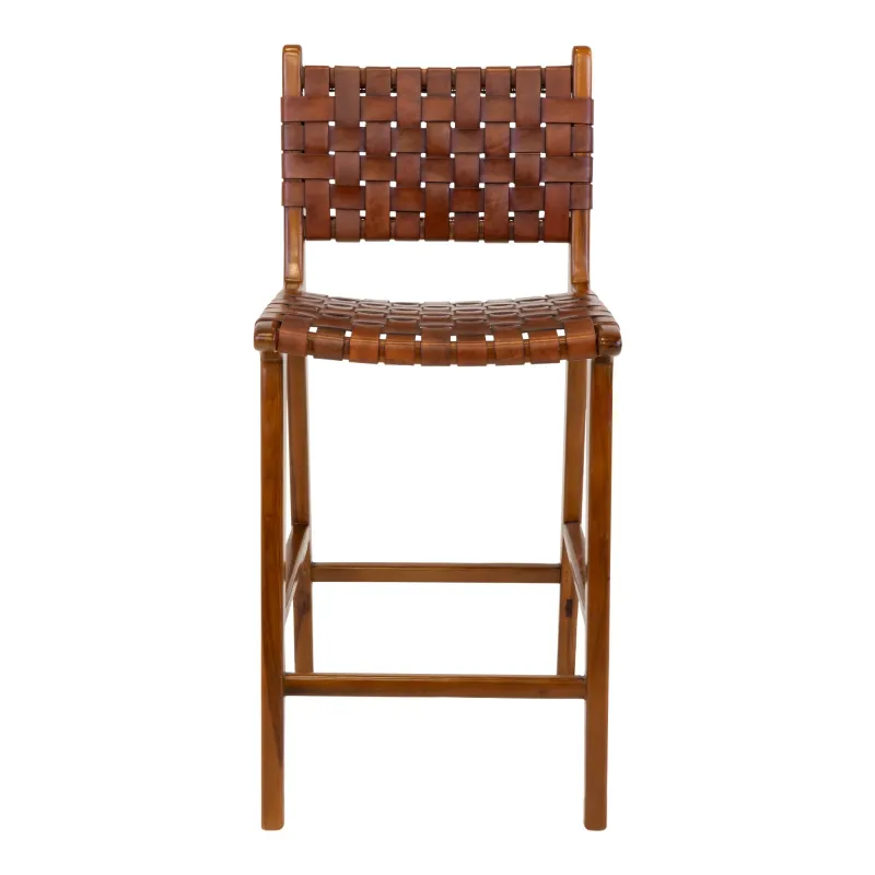2er Set Perugia Barstuhl Barhocker Leder Teakholz | Braun