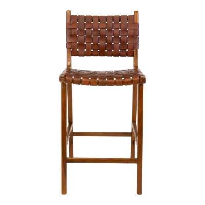 2er Set Perugia Barstuhl Barhocker Leder Teakholz | Braun