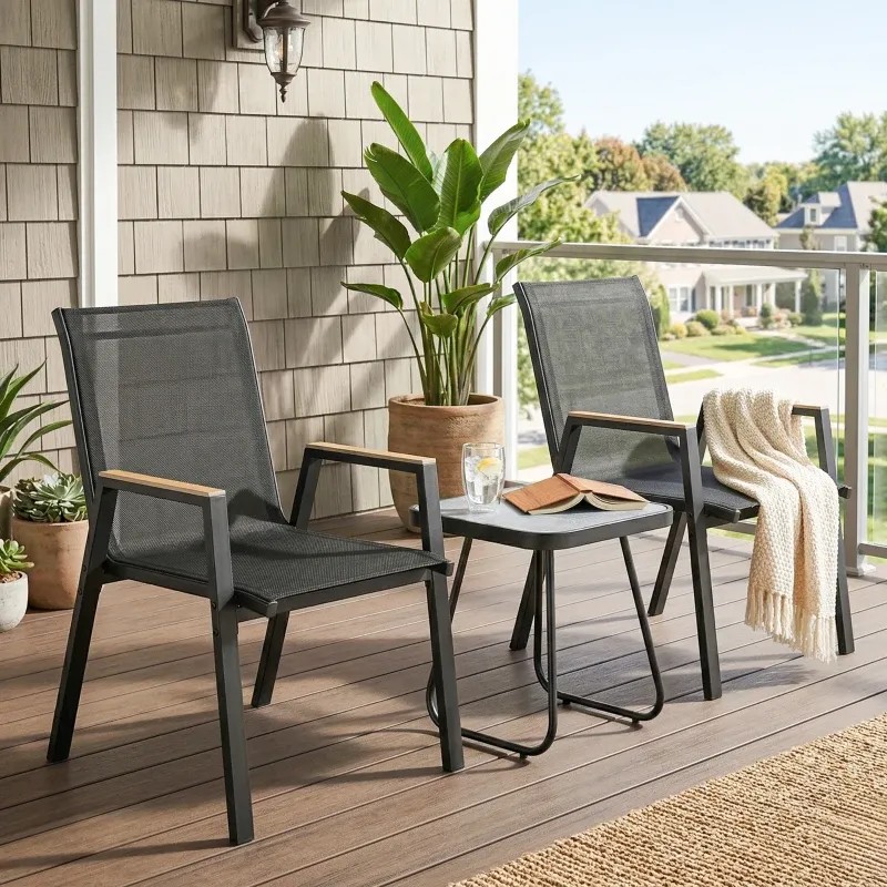 Balkonmöbel Set 3-teilig Gartentisch 2 Stühle Holzmaserung | Schwarz