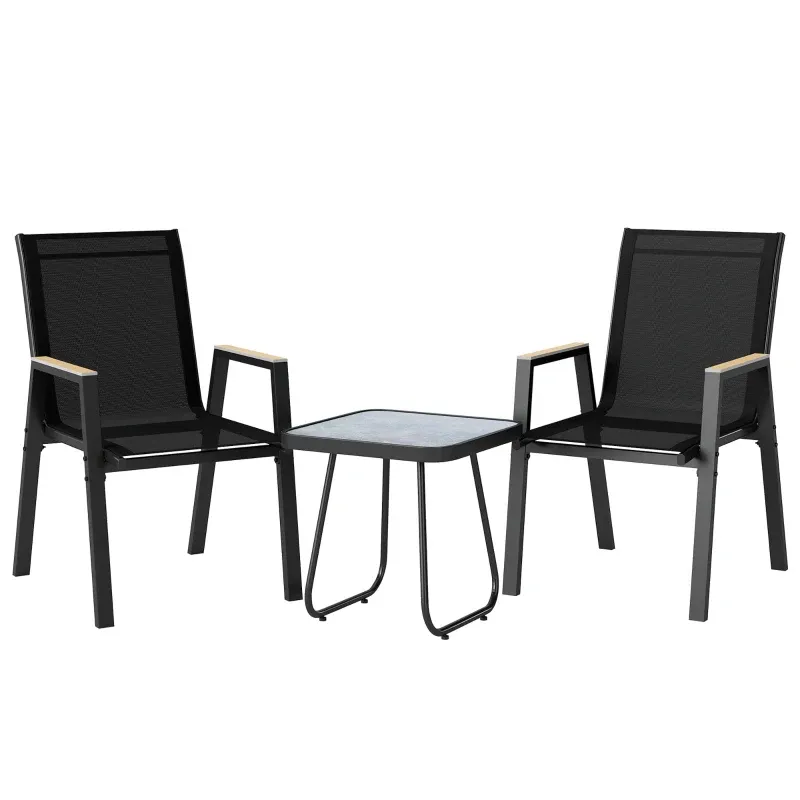 Balkonmöbel Set 3-teilig Gartentisch 2 Stühle Holzmaserung | Schwarz Balkonmöbel Set 3-teilig Gartentisch 2 Stühle Holzmaserung | Schwarz