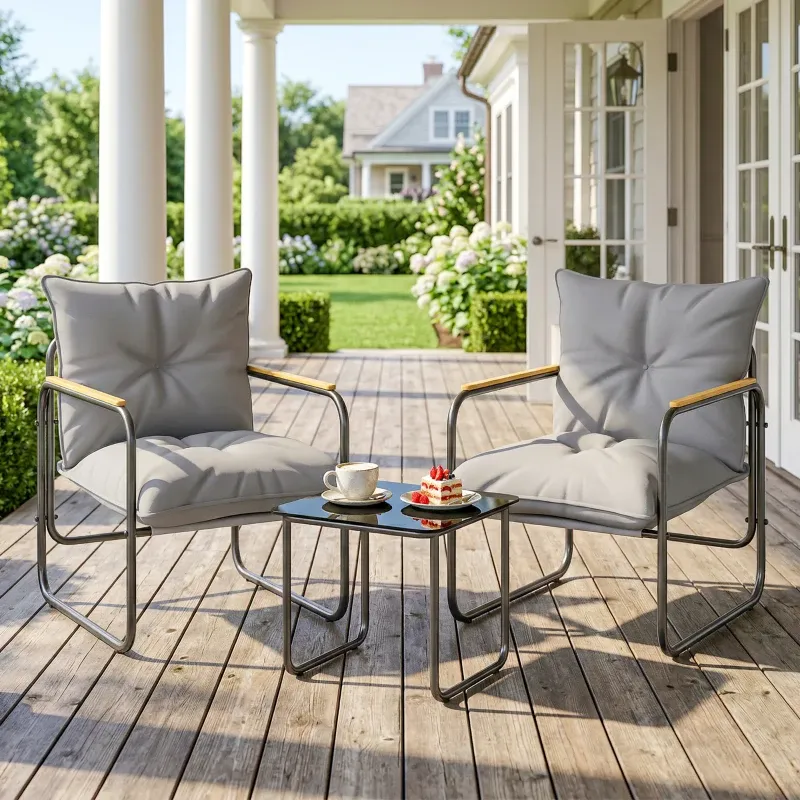 3-teiliges Garten Bistro Set Glastisch 2 Stühle Kissen | Dunkelgrau